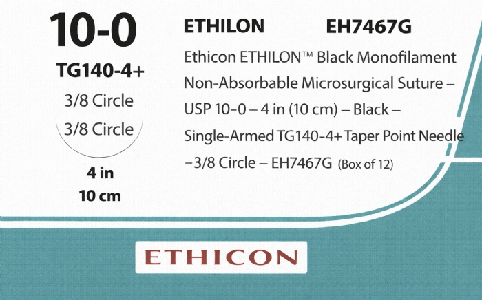 Ethicon ETHILON™ Black Monofilament Non-Absorbable Microsurgical Suture – USP 10-0 – 4 in (10 cm) – Black – Single-Armed TG140-4+ Taper Point Needle – 3/8 Circle – EH7467G (Box of 12)