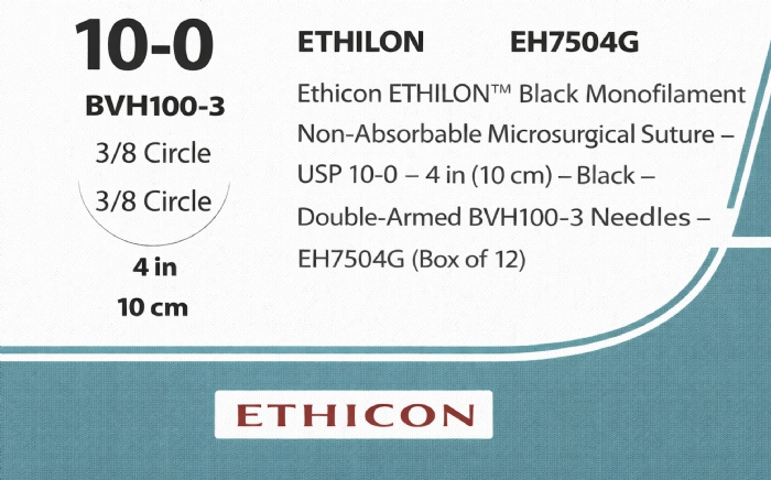 Ethicon ETHILON™ Black Monofilament Non-Absorbable Microsurgical Suture – USP 10-0 – 4 in (10 cm) – Black – Double-Armed BVH100-3 Needles – EH7504G (Box of 12)