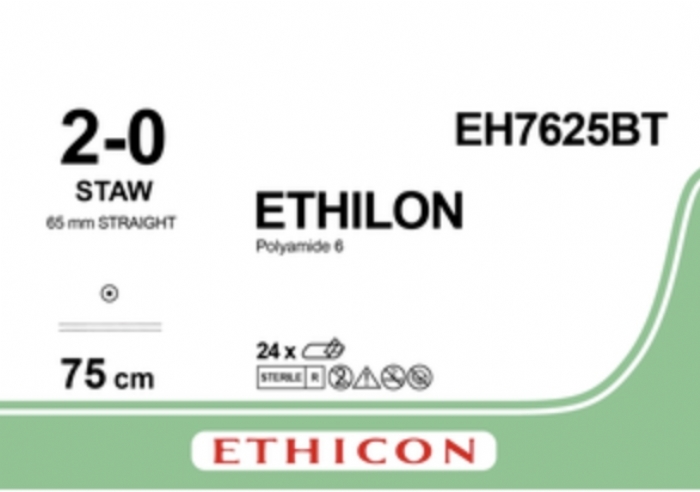 Ethicon ETHILON™ Black Monofilament Non-Absorbable Suture – USP 2-0 – 30 in (75 cm) – Black – 2× STAW Needles – EH7625BT (Box of 24)