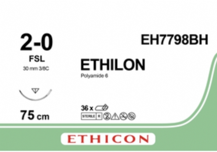 Ethicon ETHILON™ Black Monofilament Non-Absorbable Suture – USP 2-0 – 30 in (75 cm) – Black – 1× FSL Needle – EH7798BH (Box of 36)
