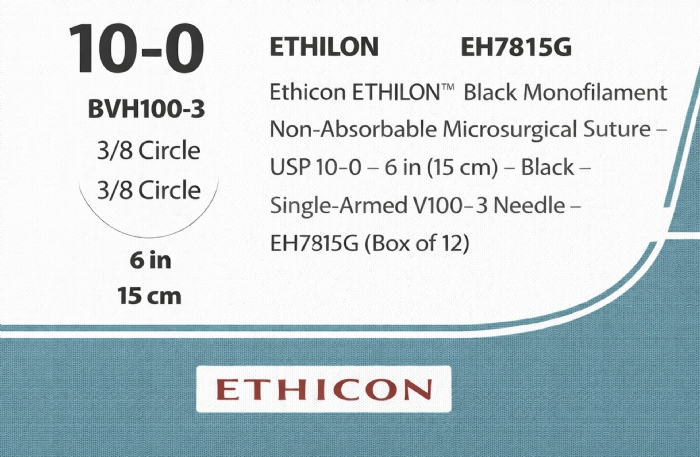 Ethicon ETHILON™ Black Monofilament Non-Absorbable Microsurgical Suture – USP 10-0 – 6 in (15 cm) – Black – Single-Armed V100-3 Needle – EH7815G (Box of 12)