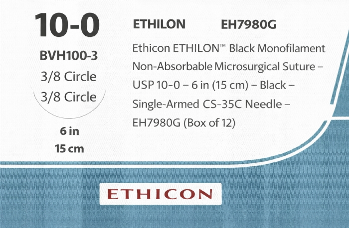 Ethicon ETHILON™ Black Monofilament Non-Absorbable Microsurgical Suture – USP 10-0 – 6 in (15 cm) – Black – Single-Armed CS-35C Needle – EH7980G (Box of 12)