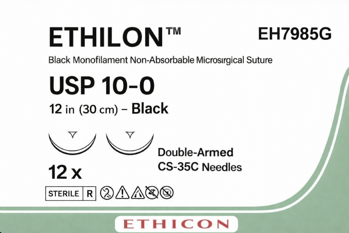 Ethicon ETHILON™ Black Monofilament Non-Absorbable Microsurgical Suture – USP 10-0 – 12 in (30 cm) – Black – Double-Armed CS-35C Needles – EH7985G (Box of 12)