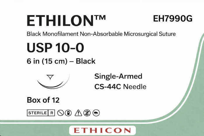 Ethicon ETHILON™ Black Monofilament Non-Absorbable Microsurgical Suture – USP 10-0 – 6 in (15 cm) – Black – Single-Armed CS-44C Needle – EH7990G (Box of 12)