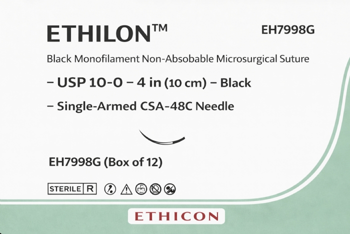 Ethicon ETHILON™ Black Monofilament Non-Absorbable Microsurgical Suture – USP 10-0 – 4 in (10 cm) – Black – Single-Armed CSA-48C Needle – EH7998G (Box of 12)