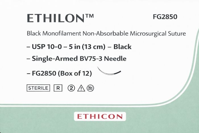 Ethicon ETHILON™ Black Monofilament Non-Absorbable Microsurgical Suture – USP 10-0 – 5 in (13 cm) – Black – Single-Armed BV75-3 Needle – FG2850 (Box of 12)