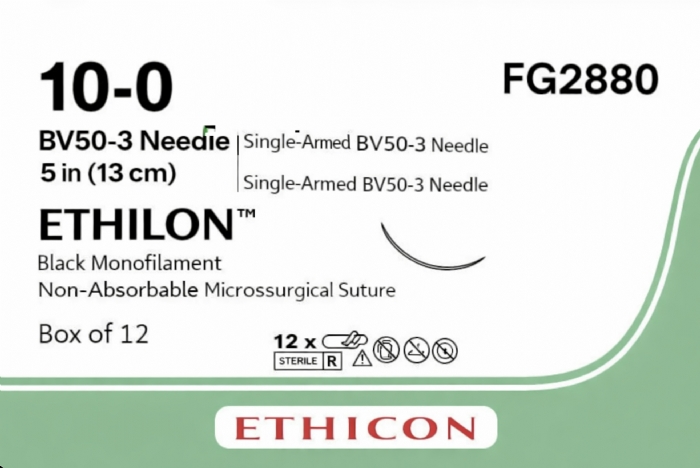 Ethicon ETHILON™ Black Monofilament Non-Absorbable Microsurgical Suture – USP 10-0 – 5 in (13 cm) – Black – Single-Armed BV50-3 Needle – FG2880 (Box of 12)