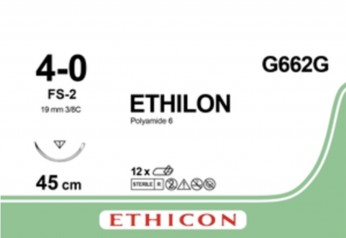 Ethicon ETHILON™ Green Monofilament Non-Absorbable Suture – USP 4-0 – 18 in (45 cm) – Green – Single-Armed FS-2 MP Needle – G662G (Box of 12)