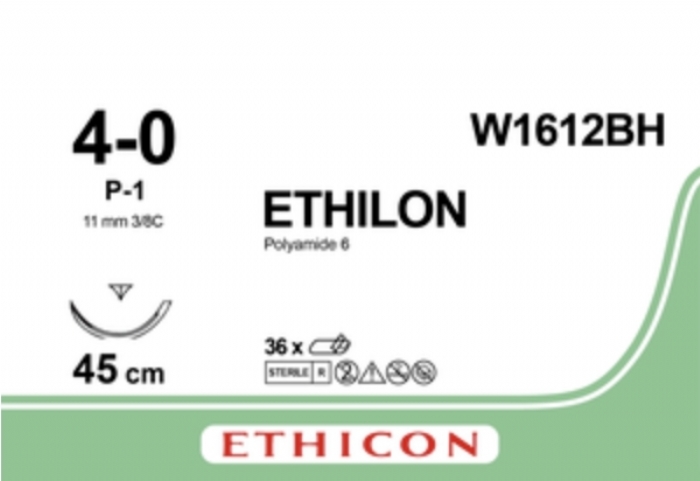 Ethicon ETHILON™ Black Monofilament Non-Absorbable Suture – USP 4-0 – 18 in (45 cm) – Black – Single-Armed P-1 PRIME Needle – W1612BH (Box of 36)