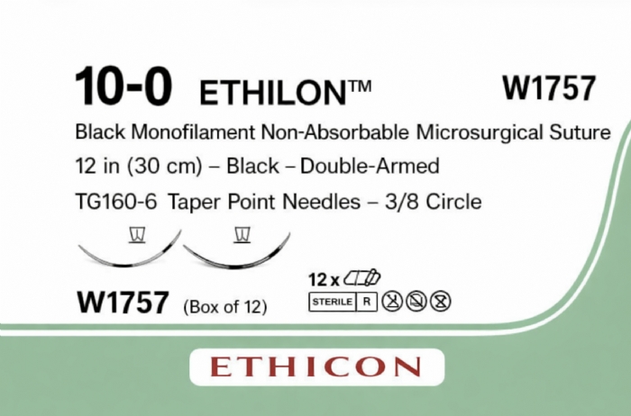 Ethicon ETHILON™ Black Monofilament Non-Absorbable Microsurgical Suture – USP 10-0 – 12 in (30 cm) – Black – Double-Armed TG160-6 Taper Point Needles – 3/8 Circle – W1757 (Box of 12)