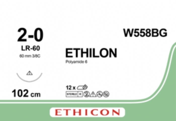 Ethicon ETHILON™ Black Monofilament Non-Absorbable Suture – USP 2-0 – 40 in (100 cm) – Black – Single-Armed LR-60 Conventional Cutting Needle – W558BG (Box of 12)
