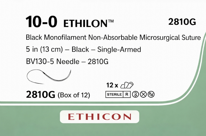 Ethicon ETHILON™ Black Monofilament Non-Absorbable Microsurgical Suture – USP 10-0 – 5 in (13 cm) – Black – Single-Armed BV130-5 Needle – 2810G (Box of 12)