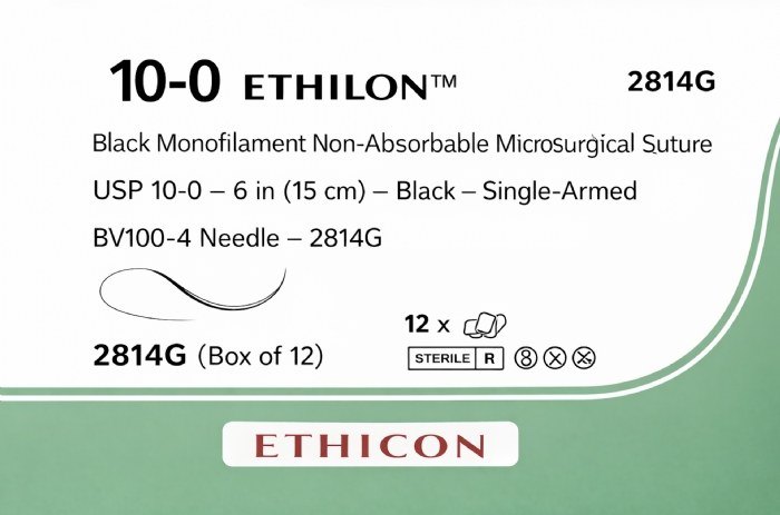 Ethicon ETHILON™ Black Monofilament Non-Absorbable Microsurgical Suture – USP 10-0 – 6 in (15 cm) – Black – Single-Armed BV100-4 Needle – 2814G (Box of 12)