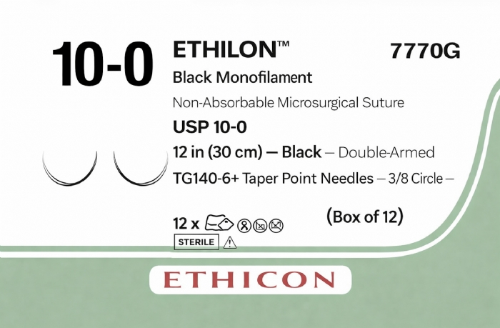 Ethicon ETHILON™ Black Monofilament Non-Absorbable Microsurgical Suture – USP 10-0 – 12 in (30 cm) – Black – Double-Armed TG140-6+ Taper Point Needles – 3/8 Circle – 7770G (Box of 12)