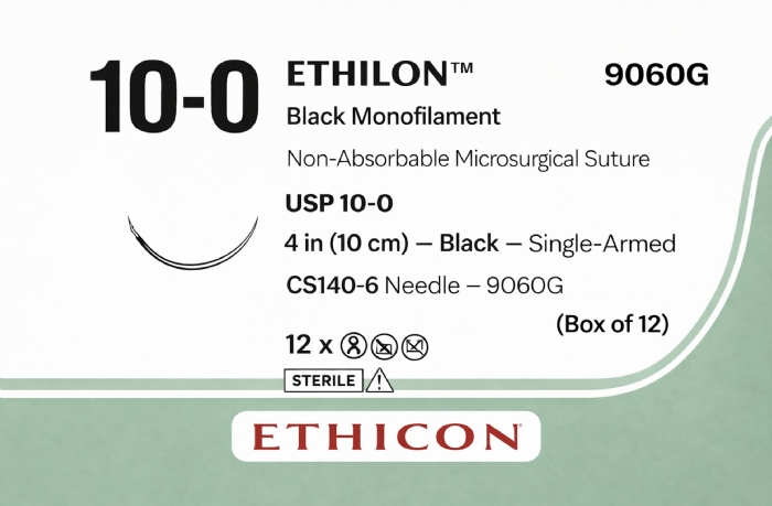 Ethicon ETHILON™ Black Monofilament Non-Absorbable Microsurgical Suture – USP 10-0 – 4 in (10 cm) – Black – Single-Armed CS140-6 Needle – 9060G (Box of 12)
