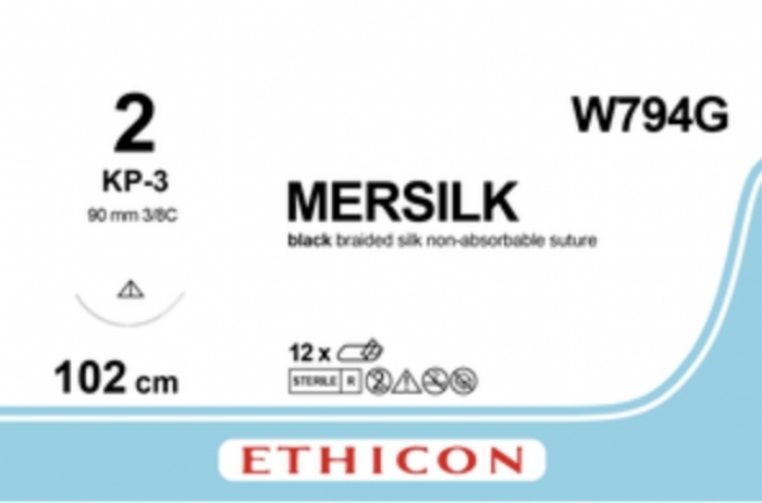 Ethicon MERSILK® Silk Black Braided Non-Absorbable Surgical Suture – USP 2 – 100 cm (40 inch) – KP-3 Conventional Cutting Needle – W794G (Box of 12)
