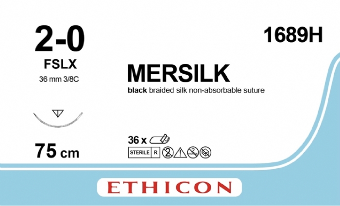Ethicon MERSILK® Silk Black Braided Non-Absorbable Surgical Suture – USP 2-0 – 75 cm (30 inch) – FSLX Reverse Cutting Needle – 1689H (Box of 36)