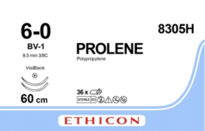 Ethicon PROLENE® Polypropylene Blue Non-Absorbable Surgical Suture – USP 6-0 – 60 cm (24 in) – Double-Armed BV-1 VISI-BLACK® Taper Point Needles – 8305H (Box of 36)