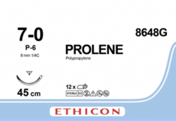 Ethicon PROLENE® Polypropylene Blue Non-Absorbable Surgical Suture – USP 7-0 – 45 cm (18 in) – P-6 Prime Reverse Cutting Needle – 8648G (Box of 12)