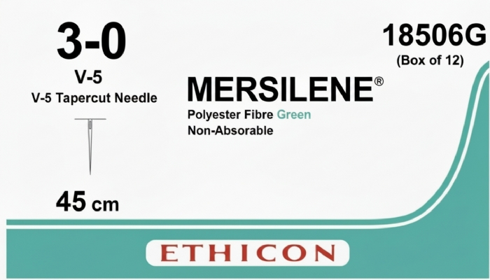 Ethicon MERSILENE® Polyester Fibre Green Non-Absorbable Surgical Suture – USP 3-0 – 45 cm – V-5 Tapercut Needle – 18506G (Box of 12)