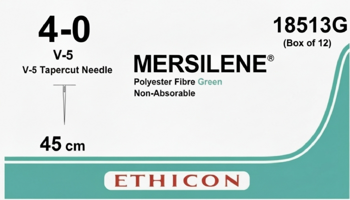 Ethicon MERSILENE® Polyester Fibre Green Non-Absorbable Surgical Suture – USP 4-0 – 45 cm – V-5 Tapercut Needle – 18513G (Box of 12)