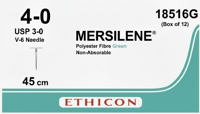 Ethicon MERSILENE™ Polyester Fibre Green Non-Absorbable Surgical Suture – USP 3-0 – 45 cm – V-6 Needle – 18516G (Box of 12)