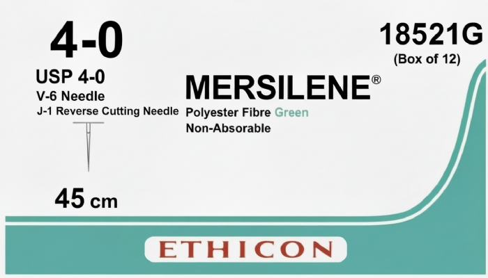 Ethicon MERSILENE® Polyester Fibre Green Non-Absorbable Surgical Suture – USP 4-0 – 45 cm – J-1 Reverse Cutting Needle – 18521G (Box of 12)