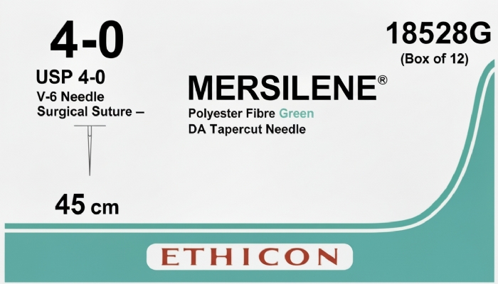 Ethicon MERSILENE® Polyester Fibre Green Non-Absorbable Surgical Suture – USP 4-0 – 45 cm – DA Tapercut Needle – 18528G (Box of 12)
