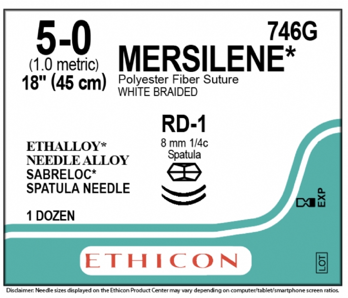 Ethicon MERSILENE® Polyester Fibre White Non-Absorbable Surgical Suture – USP 5-0 – 18 in (45 cm) – Double-Armed RD-1 Spatulated Centre Point Needles (8 mm) – 746G (Box of 12)