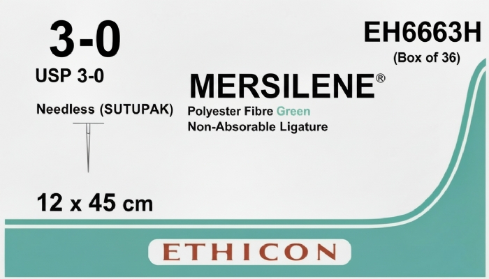 Ethicon MERSILENE® Polyester Fibre Green Non-Absorbable Surgical Ligature – USP 3-0 – 12 x 45 cm – Needleless (SUTUPAK) – EH6663H (Box of 36)