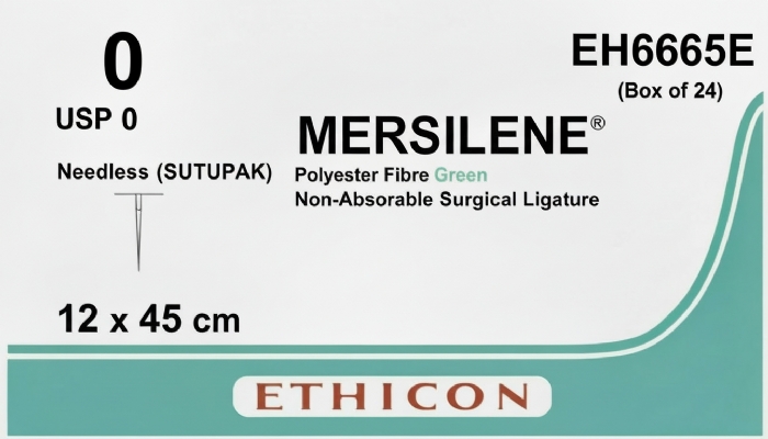 Ethicon MERSILENE® Polyester Fibre Green Non-Absorbable Surgical Ligature – USP 0 – 12 x 45 cm – Needleless (SUTUPAK) – EH6665E (Box of 24)