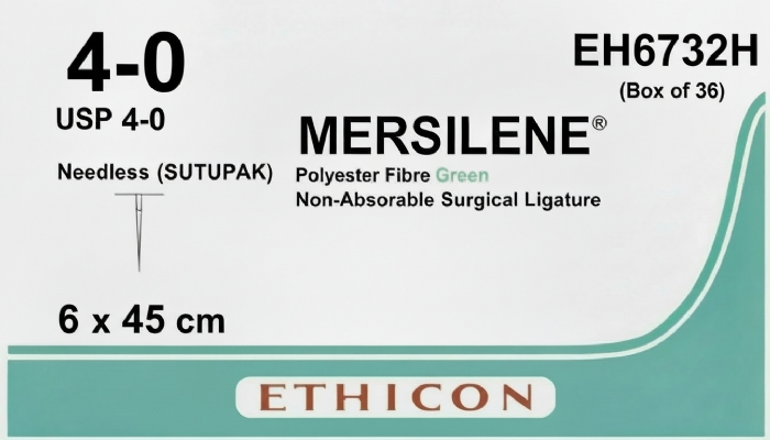 Ethicon MERSILENE® Polyester Fibre Green Non-Absorbable Surgical Ligature – USP 4-0 – 6 x 45 cm – Needleless (SUTUPAK) – EH6732H (Box of 36)