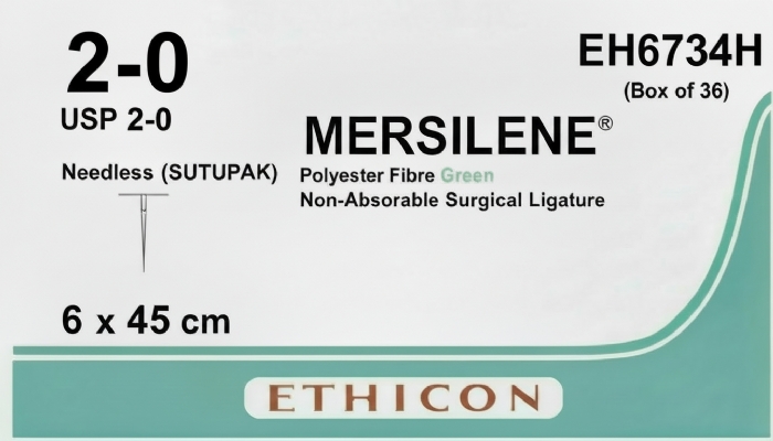 Ethicon MERSILENE® Polyester Fibre Green Non-Absorbable Surgical Ligature – USP 2-0 – 6 x 45 cm – Needleless (SUTUPAK) – EH6734H (Box of 36)