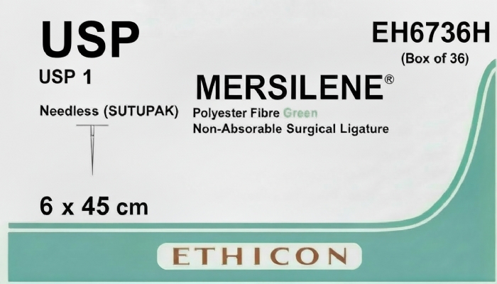 Ethicon MERSILENE® Polyester Fibre Green Non-Absorbable Surgical Ligature – USP 1 – 6 x 45 cm – Needleless (SUTUPAK) – EH6736H (Box of 36)