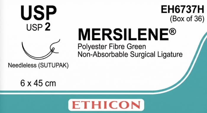 Ethicon MERSILENE® Polyester Fibre Green Non-Absorbable Surgical Ligature – USP 2 – 6 x 45 cm – Needleless (SUTUPAK) – EH6737H (Box of 36)