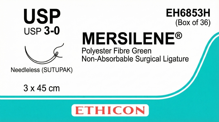 Ethicon MERSILENE™ Polyester Fibre Green Non-Absorbable Surgical Ligature – USP 3-0 – 3 x 45 cm – Needleless (SUTUPAK) – EH6853H (Box of 36)