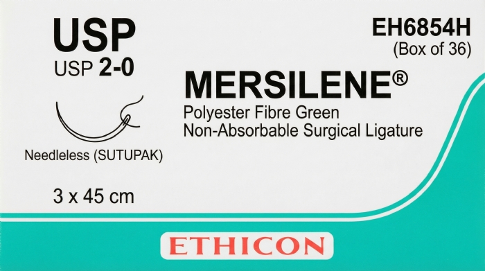 Ethicon MERSILENE® Polyester Fibre Green Non-Absorbable Surgical Ligature – USP 2-0 – 3 x 45 cm – Needleless (SUTUPAK) – EH6854H (Box of 36)