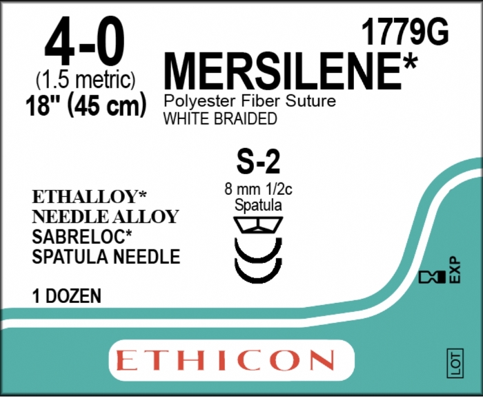Ethicon MERSILENE® Polyester Fibre White Non-Absorbable Surgical Suture – USP 4-0 – 18 in (45 cm) – Double-Armed S-2 Reverse Spatula Needles (8 mm) – 1779G (Box of 12)