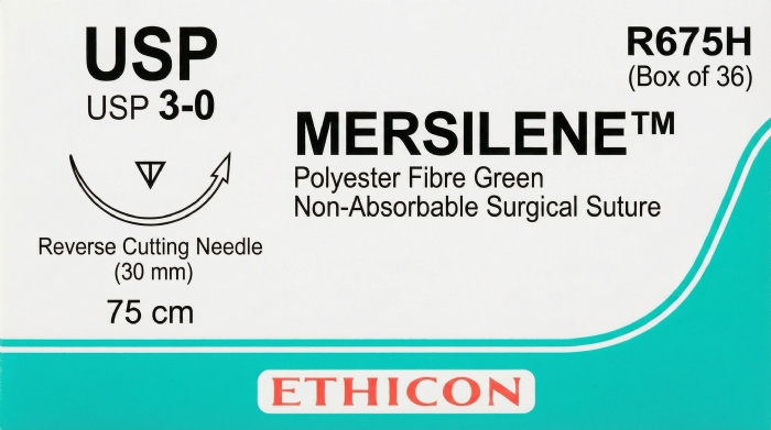 Ethicon MERSILENE™ Polyester Fibre Green Non-Absorbable Surgical Suture – USP 3-0 – 75 cm – Reverse Cutting Needle (30 mm) – R675H (Box of 36)