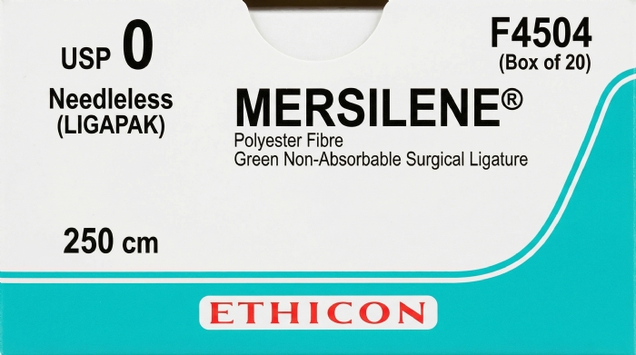 Ethicon MERSILENE® Polyester Fibre Green Non-Absorbable Surgical Ligature – USP 0 – 250 cm – Needleless (LIGAPAK) – F4504 (Box of 20)