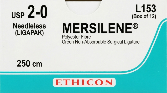 Ethicon MERSILENE® Polyester Fibre Green Non-Absorbable Surgical Ligature – USP 2-0 – 250 cm – Needleless (LIGAPAK) – L153 (Box of 12)