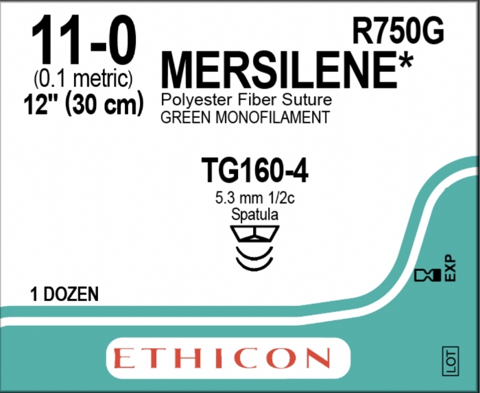 Ethicon MERSILENE® Polyester Fibre Green Non-Absorbable Microsurgical Suture – USP 11-0 – 12 in (30 cm) – Double-Armed TG160-4 Reverse Spatula Needles (5.3 mm) – R750G (Box of 12)