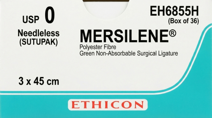Ethicon MERSILENE® Polyester Fibre Green Non-Absorbable Surgical Ligature – USP 0 – 3 x 45 cm – Needleless (SUTUPAK) – EH6855H (Box of 36)