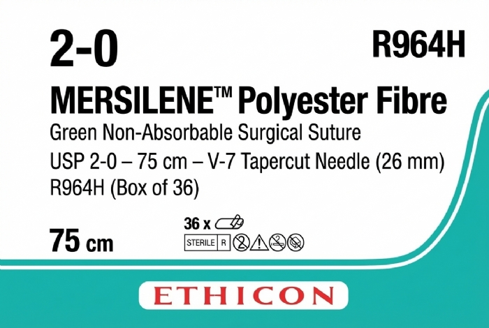 Ethicon MERSILENE™ Polyester Fibre Green Non-Absorbable Surgical Suture – USP 2-0 – 75 cm – V-7 Tapercut Needle (26 mm) – R964H (Box of 36)