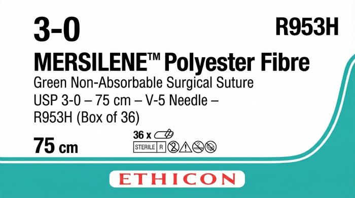 Ethicon MERSILENE™ Polyester Fibre Green Non-Absorbable Surgical Suture – USP 3-0 – 75 cm – V-5 Needle – R953H (Box of 36)