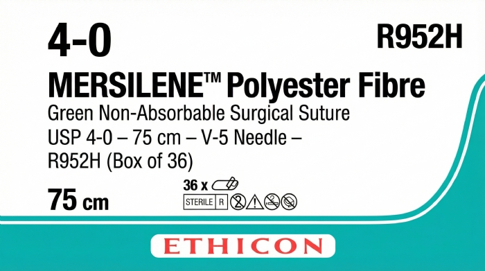 Ethicon MERSILENE™ Polyester Fibre Green Non-Absorbable Surgical Suture – USP 4-0 – 75 cm – V-5 Needle – R952H (Box of 36)