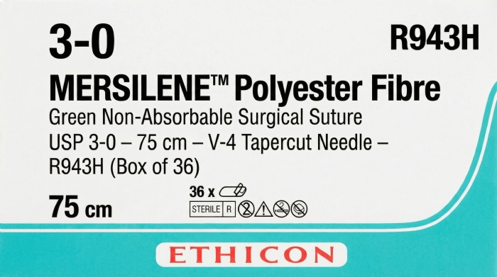 Ethicon MERSILENE® Polyester Fibre Green Non-Absorbable Surgical Suture – USP 3-0 – 75 cm – V-4 Tapercut Needle – R943H (Box of 36)