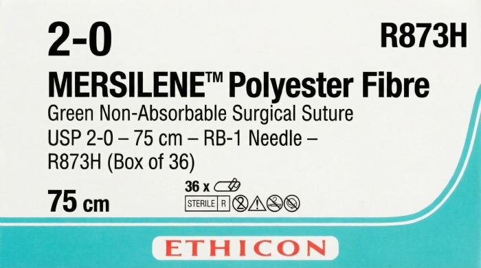 Ethicon MERSILENE™ Polyester Fibre Green Non-Absorbable Surgical Suture – USP 2-0 – 75 cm – RB-1 Needle – R873H (Box of 36)
