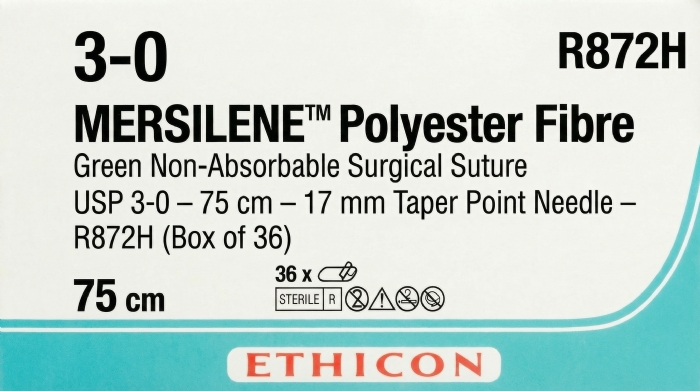 Ethicon MERSILENE™ Polyester Fibre Green Non-Absorbable Surgical Suture – USP 3-0 – 75 cm – 17 mm Taper Point Needle – R872H (Box of 36)
