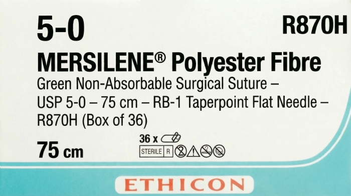 Ethicon MERSILENE® Polyester Fibre Green Non-Absorbable Surgical Suture – USP 5-0 – 75 cm – RB-1 Taperpoint Flat Needle – R870H (Box of 36)